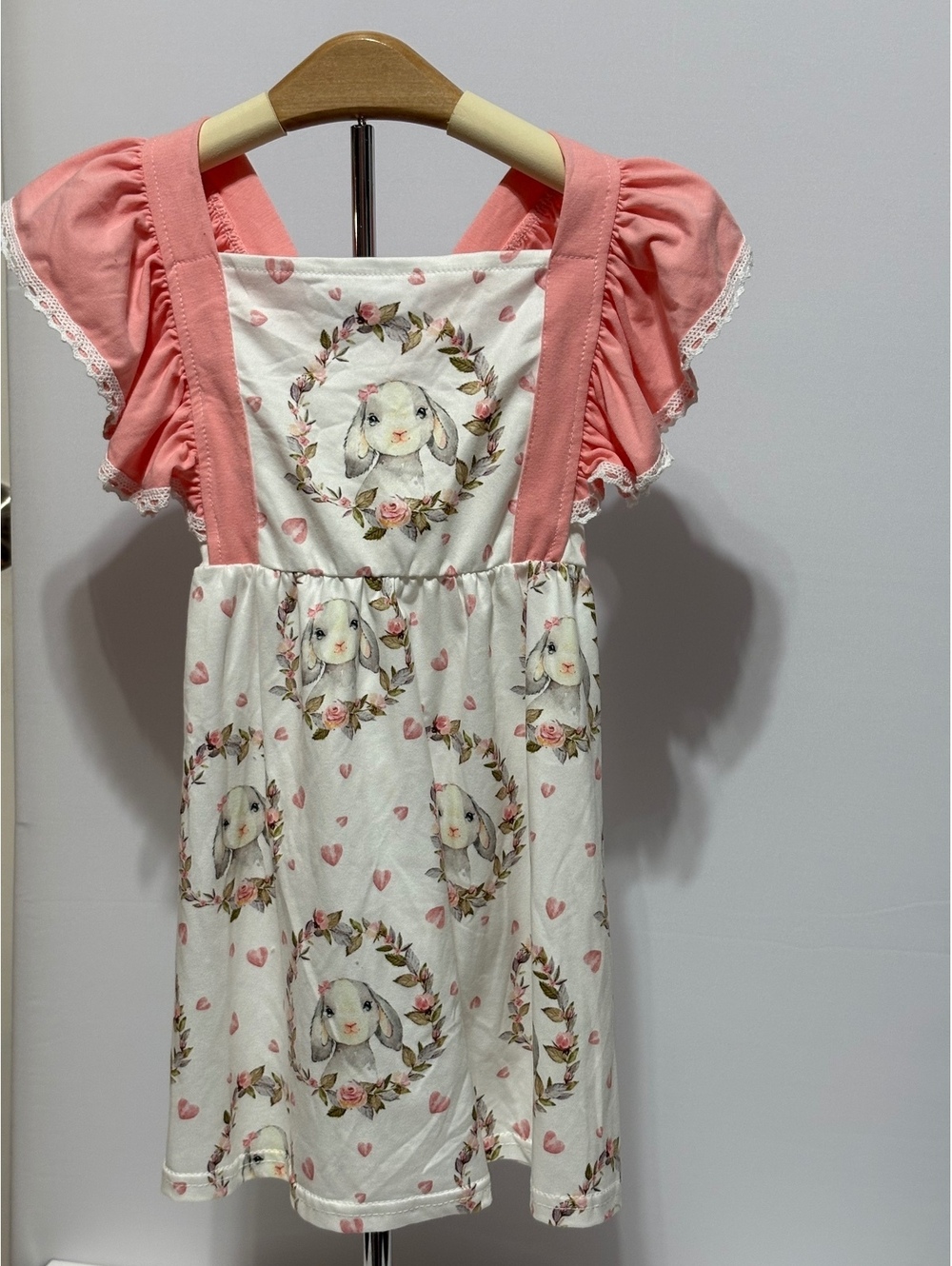 Girls 3T Bunny Rabbit Floral Heart Print Dress Pink Lace Sleeves